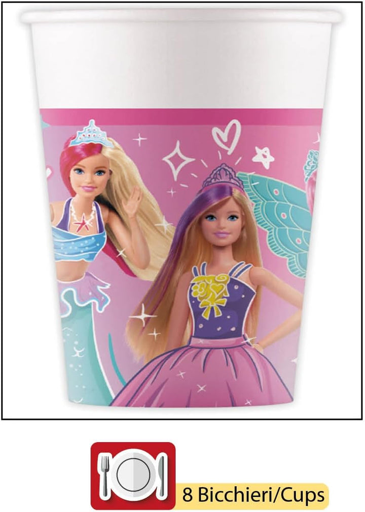 Ciao Partygeschirr Party-Set Barbie Fantasy für 8 Personen (36 pcs: 8 Pappteller Ø23cm, 8 Becher 200