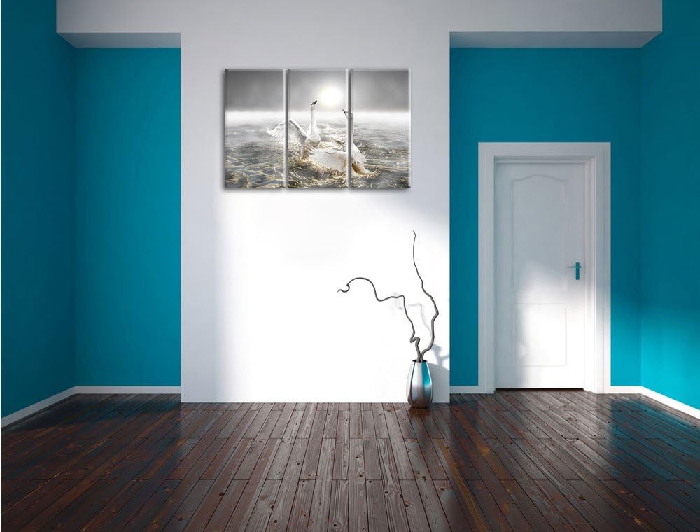 Pixxprint Schwäne im Meer als Leinwandbild/Grösse: 3 Teilig (120x80) cm/Wandbild/Kunstdruck/fertig b