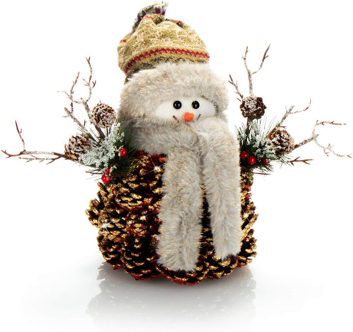 com-four® Schneemannfigur Grösse M Premium, winterliche Dekofigur mit Tannenzapfenkörper, Handmade l