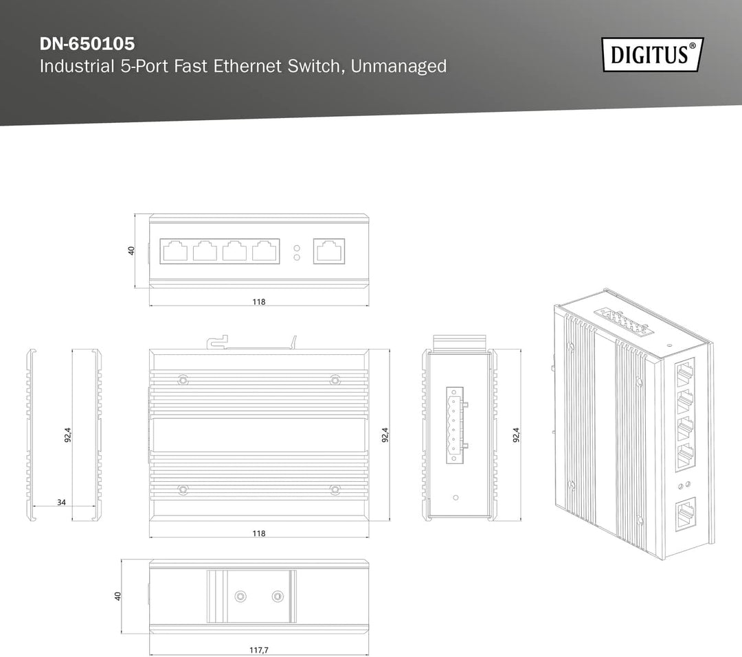 DIGITUS Netzwerk-Switch - 5-Port Fast Ethernet - DIN-Rail Montage - Klemmleiste - Lüfterlos - Schwar