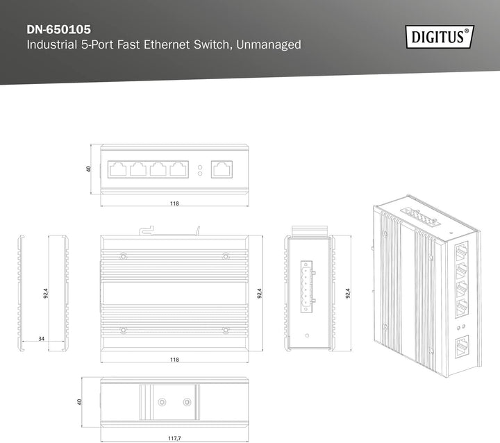 DIGITUS Netzwerk-Switch - 5-Port Fast Ethernet - DIN-Rail Montage - Klemmleiste - Lüfterlos - Schwar