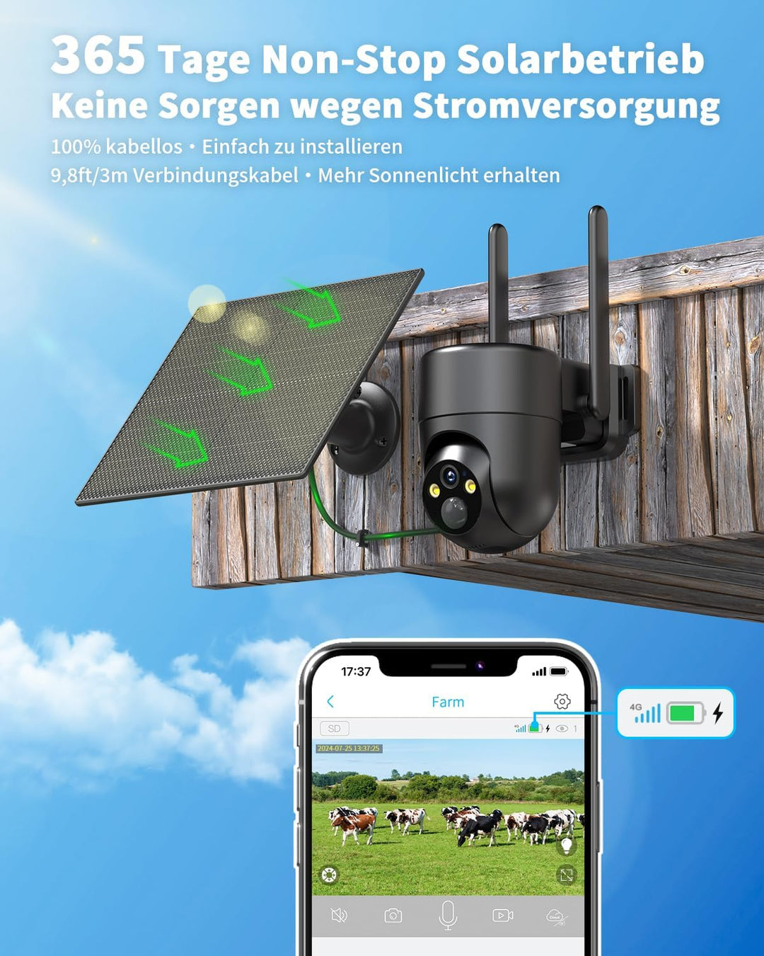 SEHMUA 4G LTE Überwachungskamera Aussen Akku, Solar Kabellose Überwachungskamera mit SIM Karte, 2K Ü