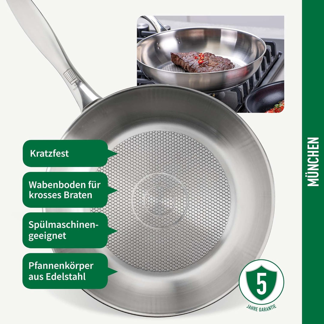 Chefkoch trifft Fackelmann Bratpfanne München Ø 24 cm aus Edelstahl mit Glasdeckel – Wabenboden, PFA