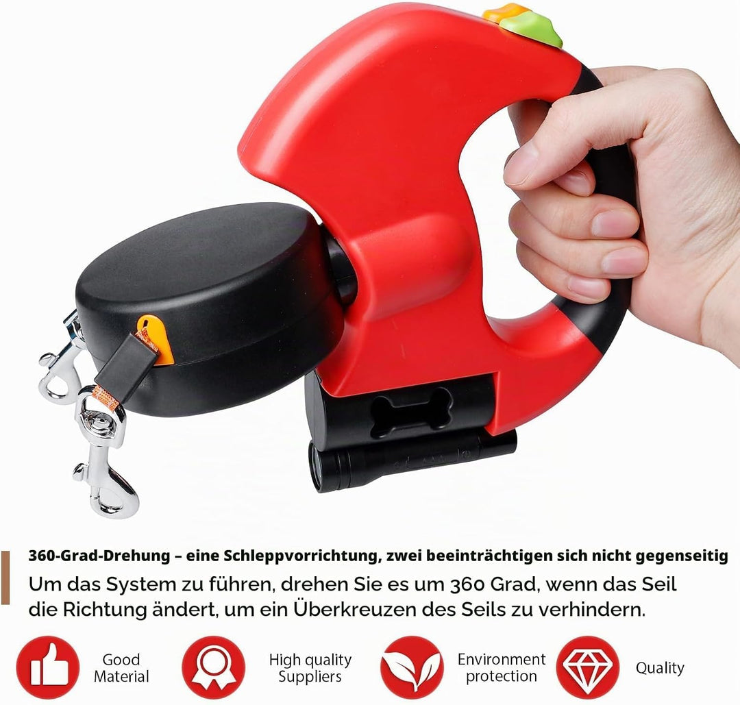Doppelleine für 2 Hunde - 3 Meter, Einziehbare und Ausziehbare Hundeleine mit Lichtfunktion, Ergonom