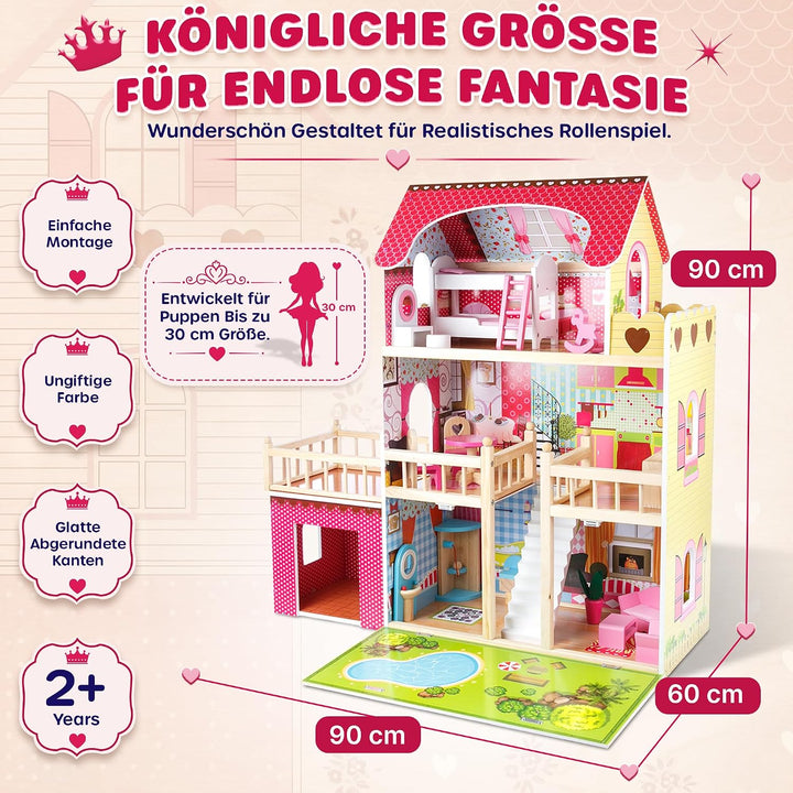 Kinderplay Puppenhaus Holz Gross, Puppenvilla, Puppenhaus Holz Gross komplett - Barbie Traumvilla, B