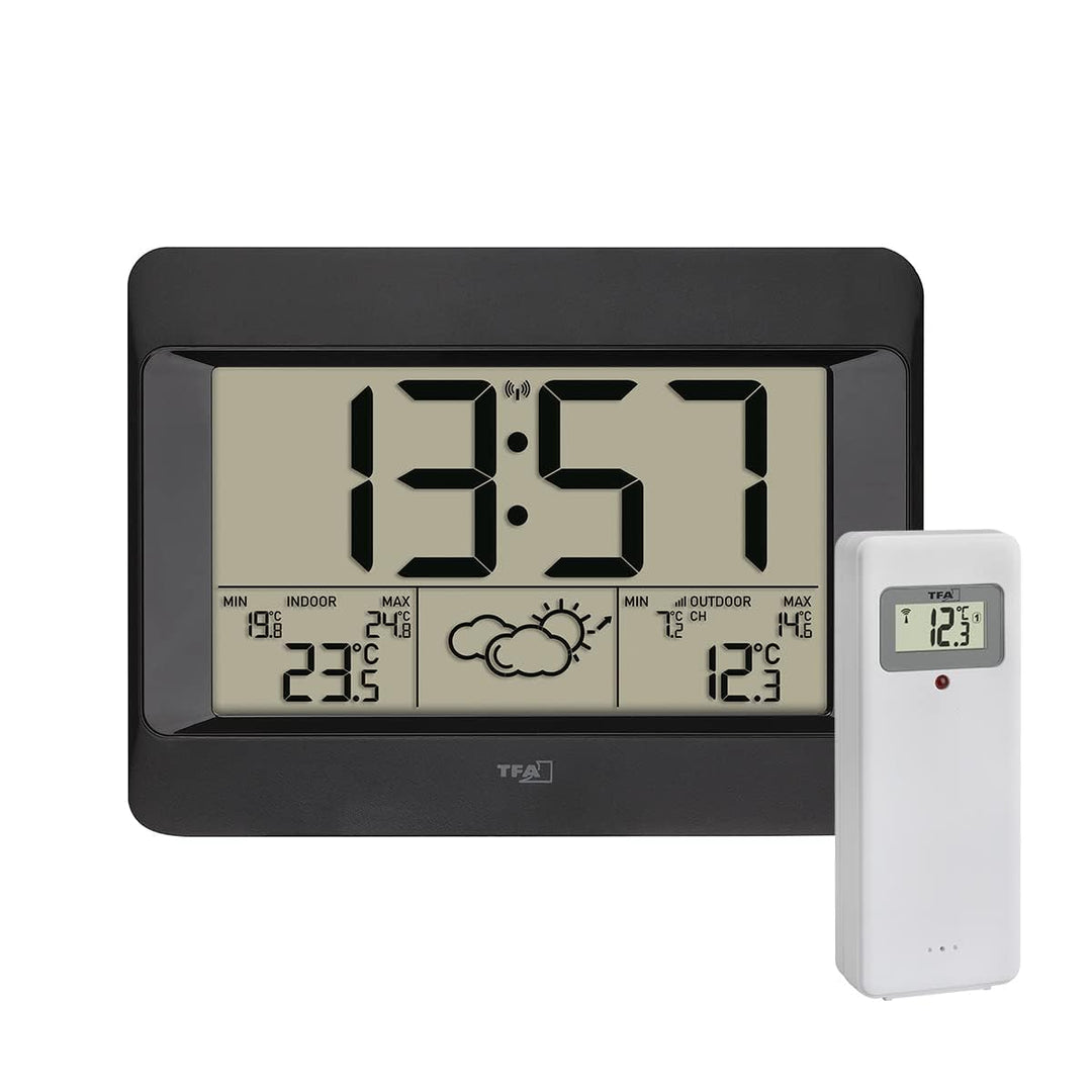 TFA Dostmann Funk-Wetterstation Zeno, 35.1163.01, digitale Funk-Wanduhr mit Wettervorhersage, Innen-
