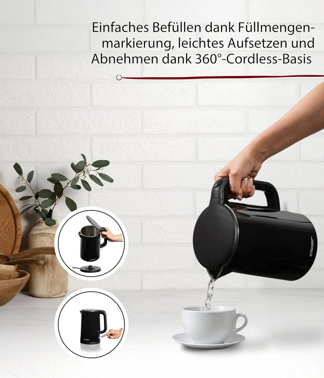 Cloer 4320 Wasserkocher 1,5L,1500W, Edelstahlbehälter & Deckel, automatische Abschaltung, Überhitzun