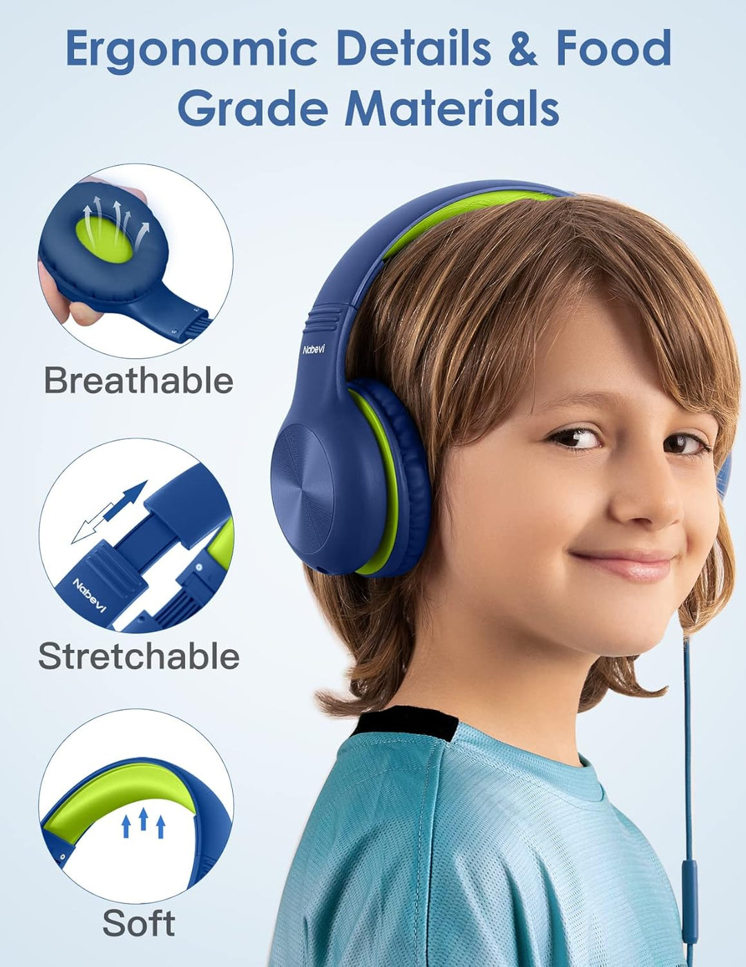 Nabevi Kinder Kopfhörer, Kopfhörer Kinder mit Kabel, 85/94dB Lautstärkegrenze, HD-Ton, Sharing-Funkt