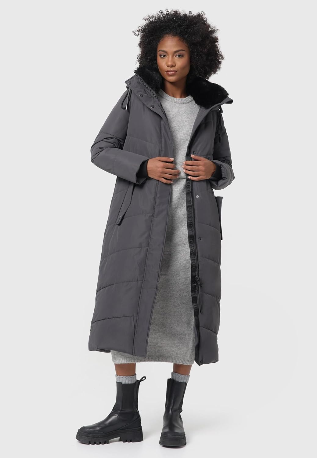 Navahoo Damen Wintermantel Steppmantel extralang mit Abnehmbarer Kapuze Hingucker XIV XS-XXL XS Anth