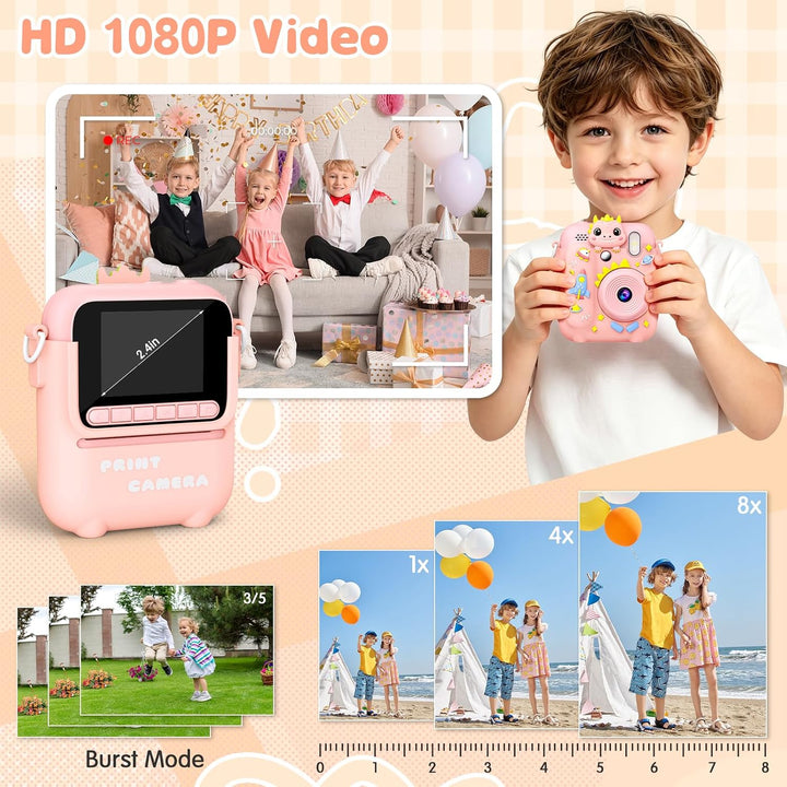 Sofortbildkamera Kinder mit 5 Rollen Druckpapier und 32GB-Karte | Dinosaurier Kinderkamera, 2,4 Zoll