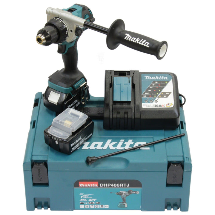 Makita DHP486RTJ Akku-Schlagbohrschrauber 18V / 5,0 Ah, 2 Akkus + Ladegerät im MAKPAC Petrol mit 2 A