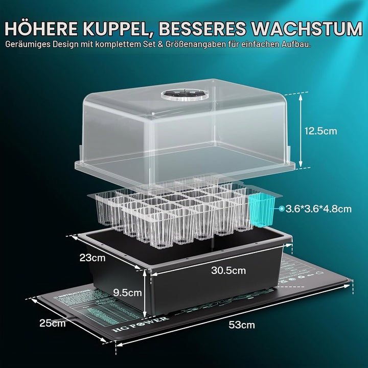 HG Power Anzuchtkasten Set mit Heizmatte Pflanzen mit Thermostat, Zimmergewächshaus mit 30 Zellen un