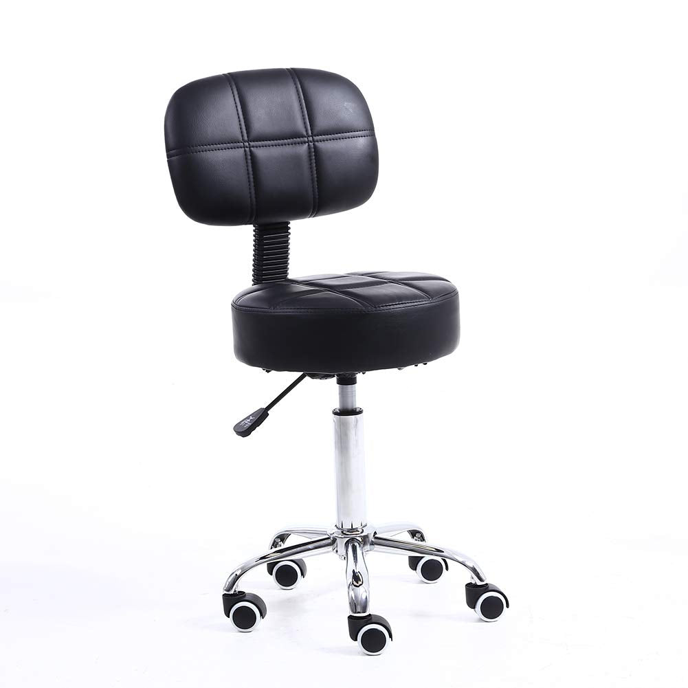 KKTONER Rollhocker mit Rückenlehne Höhenverstellbarer 50-64cm Schwarz | 360° drehbar Salon Hocker PU