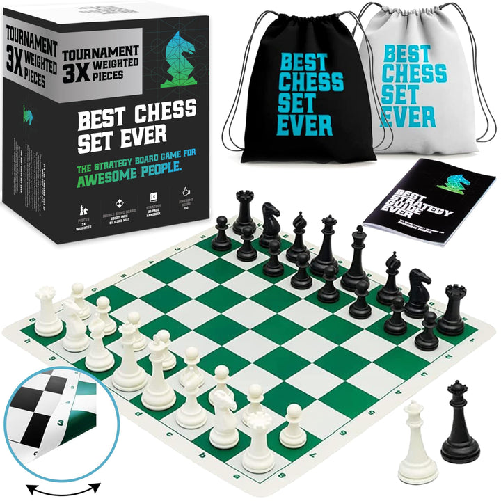 Best Chess Set Ever 3X – Turnierschachset mit 20" Silikonbrett (Patentiert, Beidseitig & Aufrollbar)