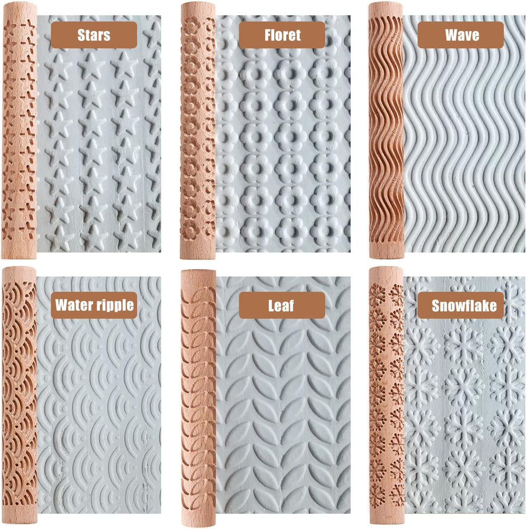 6 x Holz-Tonroller, Modelliermuster-Roller-Set, Töpfereimuster-Roller, Ton-Nudelholz, strukturierter