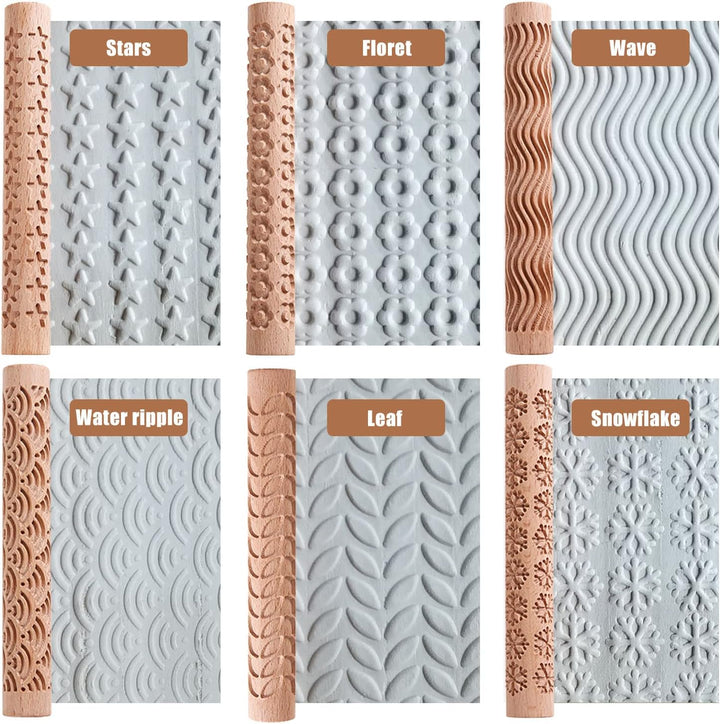 6 x Holz-Tonroller, Modelliermuster-Roller-Set, Töpfereimuster-Roller, Ton-Nudelholz, strukturierter