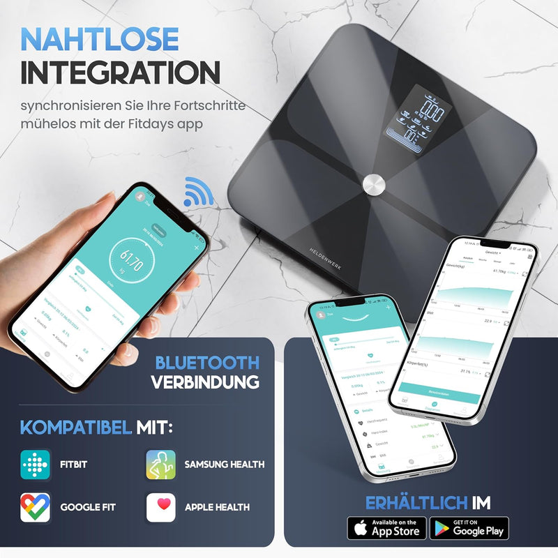 HELDENWERK Personenwaage Körperfettwaage, Waage Personen mit App & Vollflächensensor 180 kg/400 lbs,