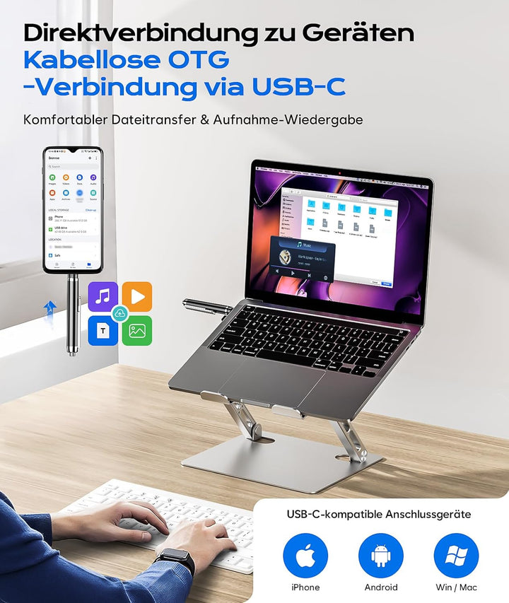 Diktiergerät mit USB-C, Speicher Diktiergerät Aufnahmegerät, Wiedergabe mit DSP-Rauschunterdrückung