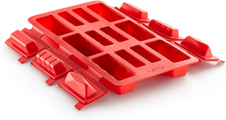 Lékué Backform für Mini-Mousse-Gebäck, Silikon, rot Rechteckig, Rechteckig
