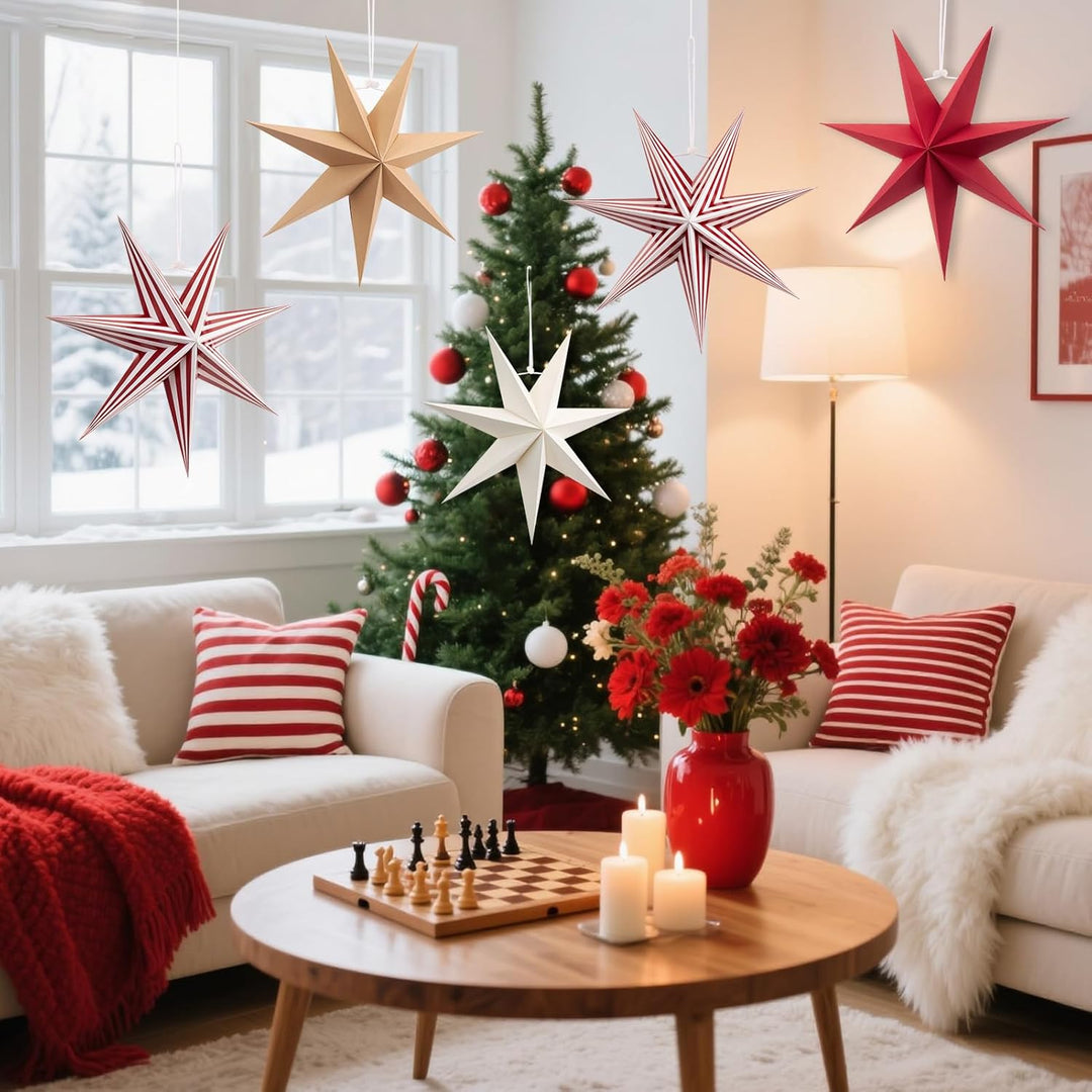 Weihnachts Papiersterne Ornamente Set - 5 Stück 3D Faltbare Hängende Sterne in Rot, Weiss, Braun und