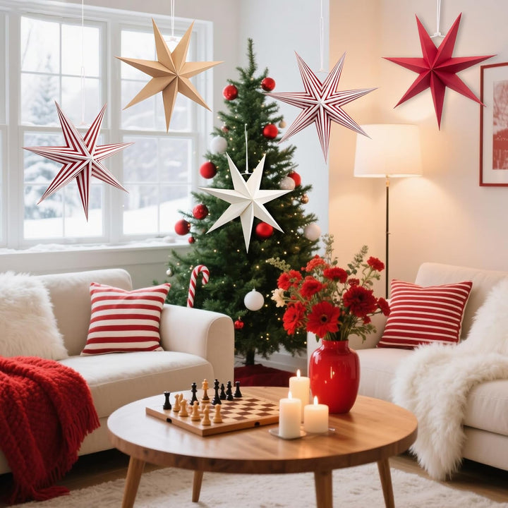 Weihnachts Papiersterne Ornamente Set - 5 Stück 3D Faltbare Hängende Sterne in Rot, Weiss, Braun und