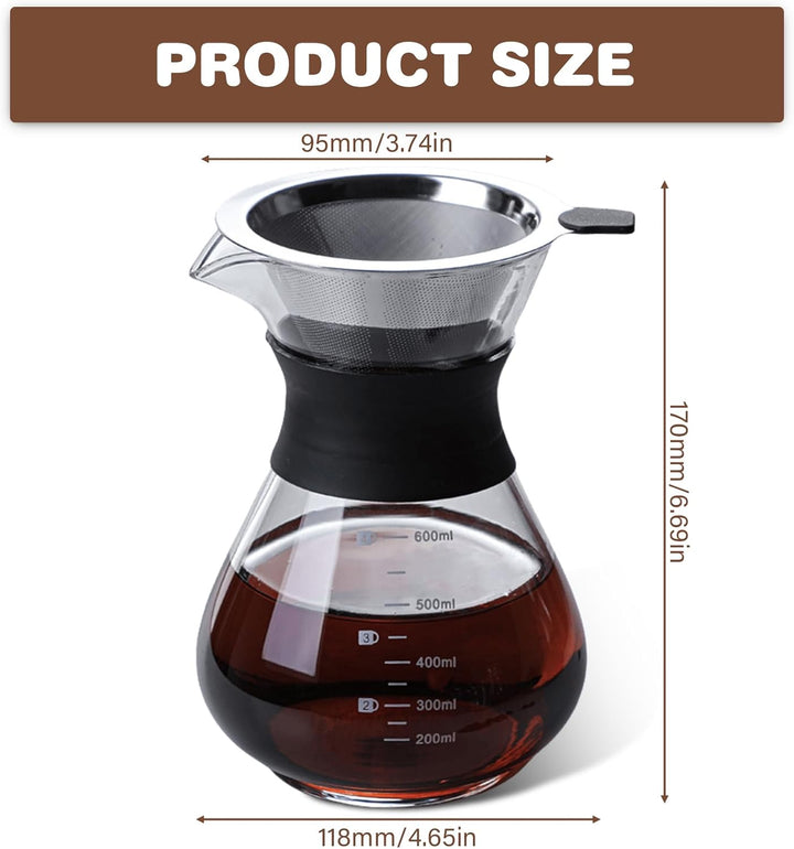 Pour Over Kaffeebereiter, 600 ml Borosilikat Glaskanne mit doppelschichtigem Edelstahlfilter, Perman
