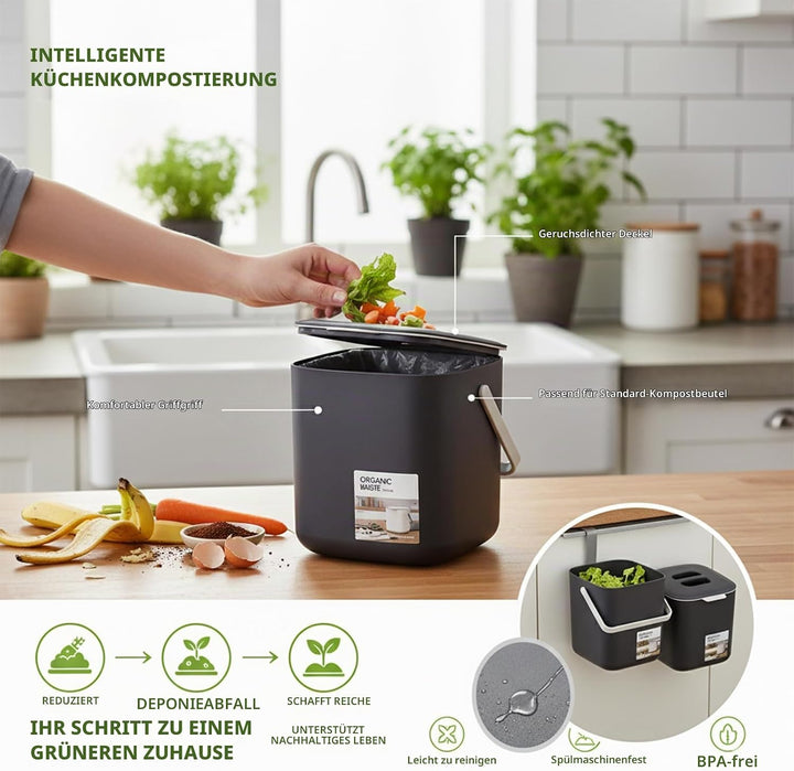 Kleiner Biomülleimer Küche, 4L Biomülleimer Küche mit Sieb - Geruchsneutral, Spülmaschinenfest für K