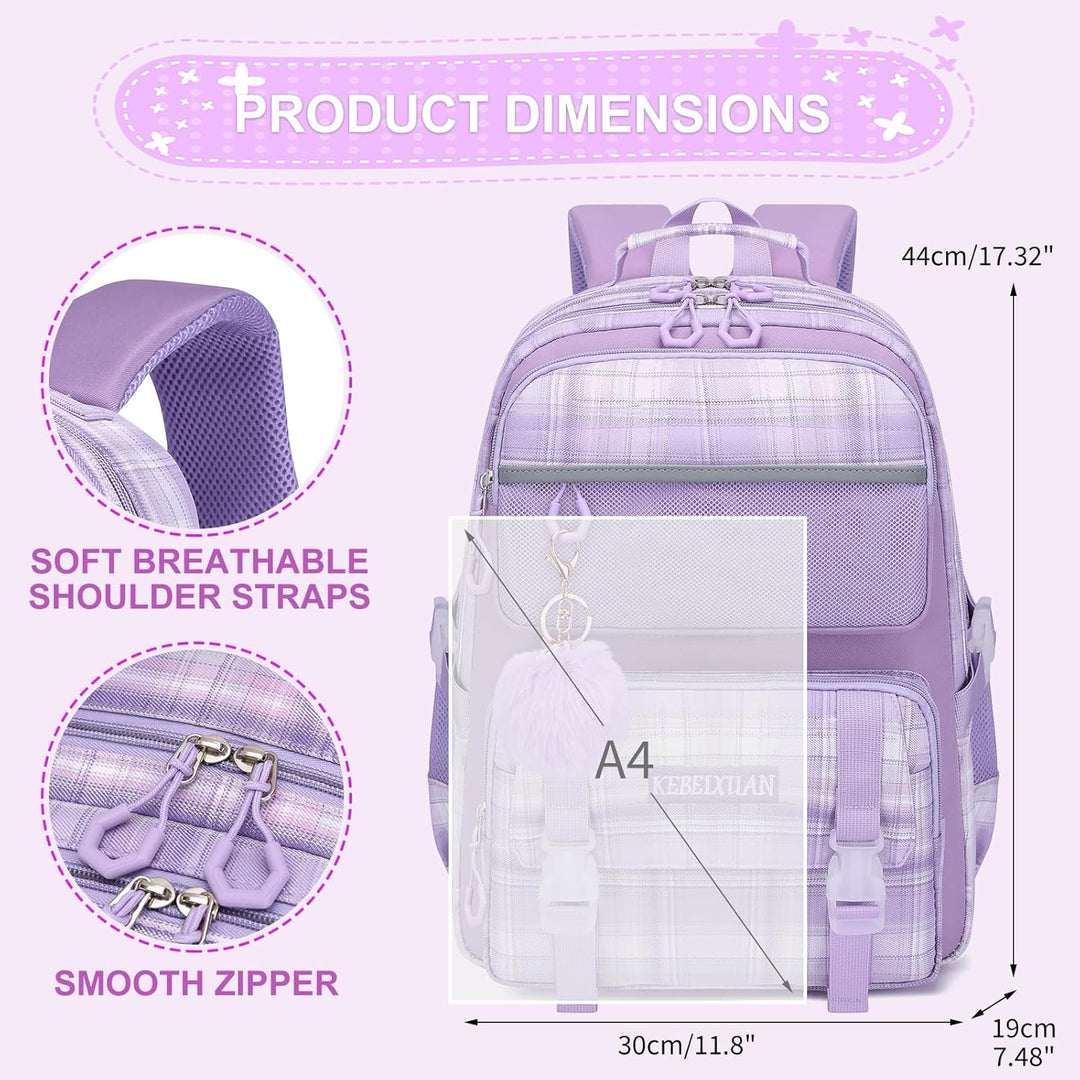 KEBEIXUAN Rucksack Mädchen, Schultasche Mädchen 1.-5. Klasse, Atmungsaktiv Schulrucksack mit Pom-Pom