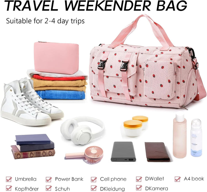 Sporttasche Kinder Mädchen Erdbeere Cord Reisetasche Damen Weekender Schwimmtasche mit Schuhfach und