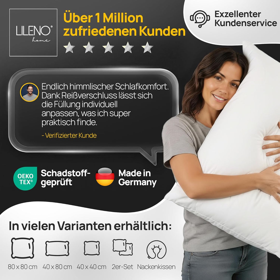 LILENO HOME Kopfkissen 60x80 cm [2er Set] als Kissen-Füllung - Bett oder Deko Kissen mit Reissversch
