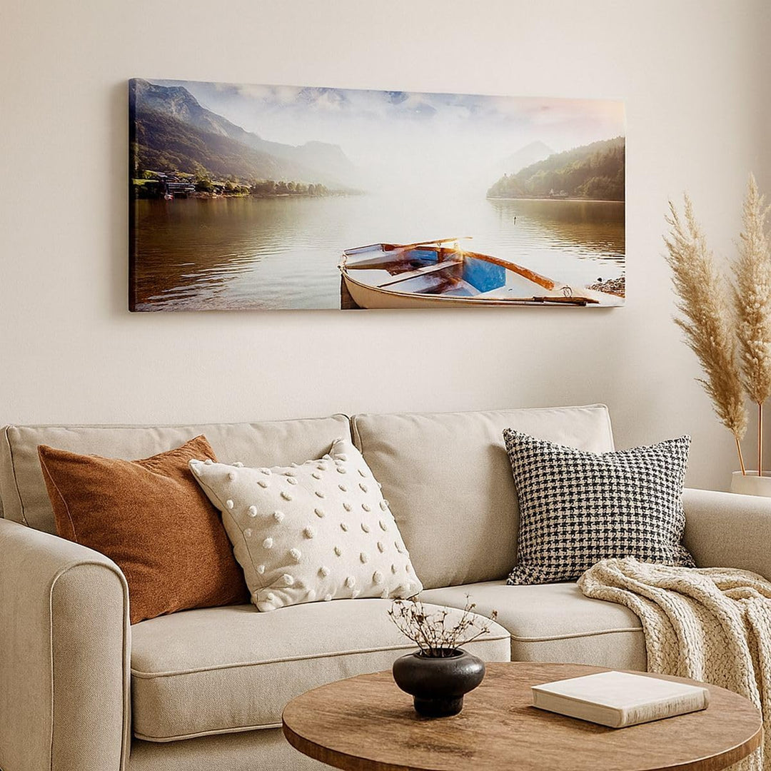 Panorama Bilder auf Leinwand 100x40cm Leinwandbild mit Rahmen Berge See Boot Gross Wanddeko Bild Sch