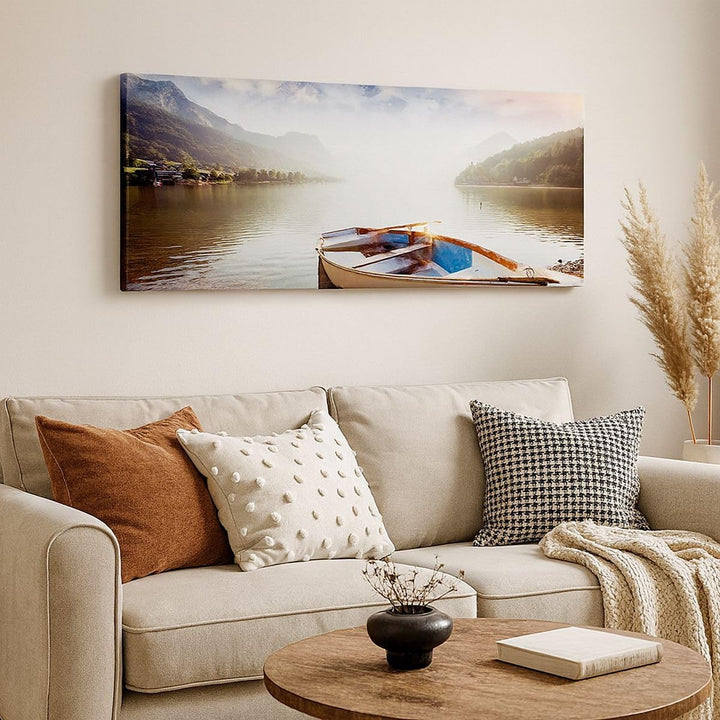 Panorama Bilder auf Leinwand 100x40cm Leinwandbild mit Rahmen Berge See Boot Gross Wanddeko Bild Sch