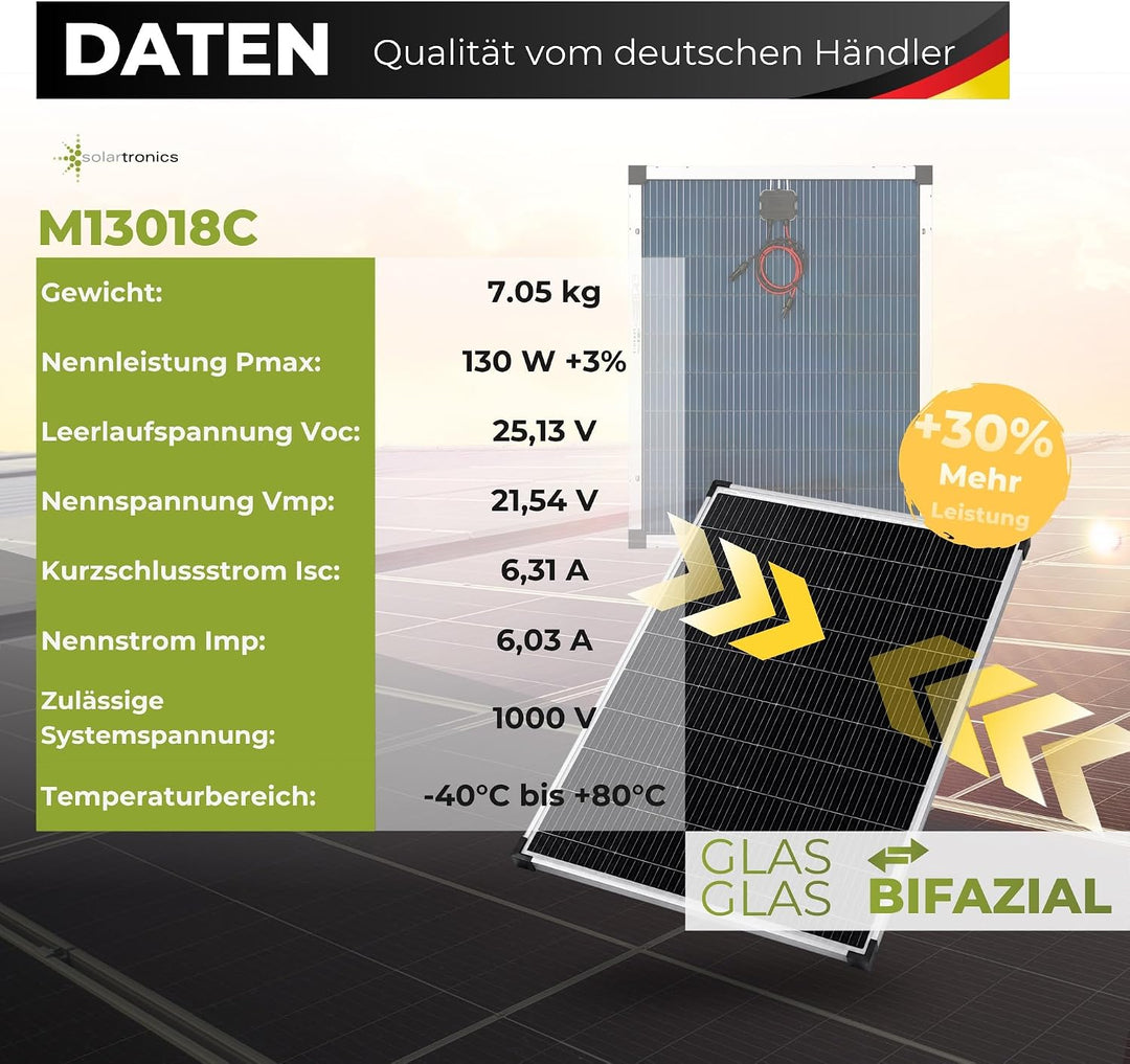 solartronics Solarmodul 130W Monokristallin Bifazial Schwarz Silber | Glas-Glas 890 x 770 x 35 mm 7,