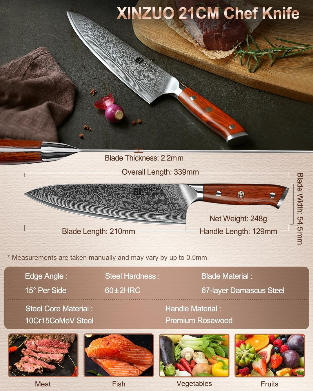 XINZUO 21cm Damaskus Chefmesser -Multifunktions 67 Schichten Damaststahl Kochmesser für Fleisch, Fis