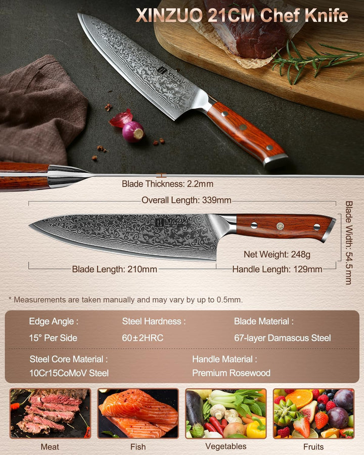 XINZUO 21cm Damaskus Chefmesser -Multifunktions 67 Schichten Damaststahl Kochmesser für Fleisch, Fis