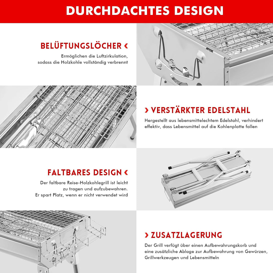 Klappgrill Holzkohlegrill Edelstahl mit Ablage &amp; Gewürzboard | lang 100cm | Faltbarer Portable Schas