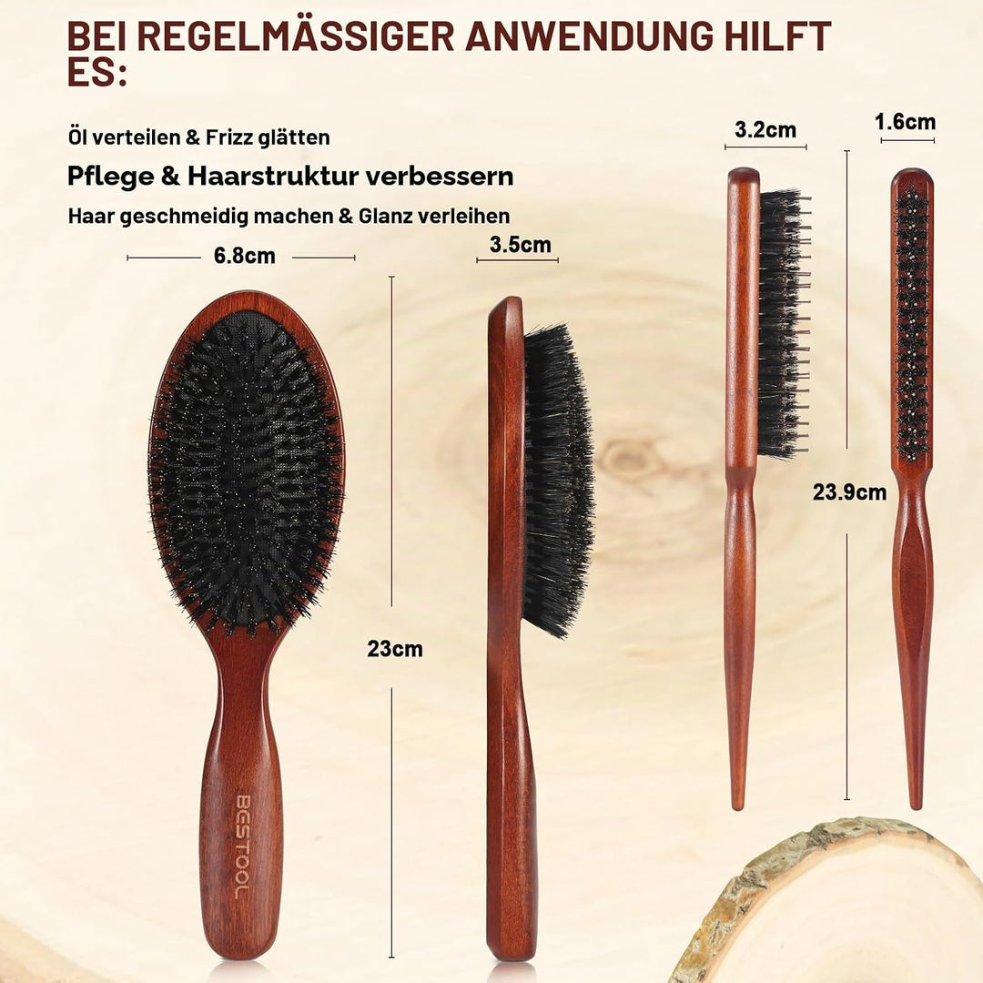 BESTOOL Haarbürste, 100% Wildschweinborsten Bürste für Damen, Herren, Kinder, Naturborsten Haarbürst
