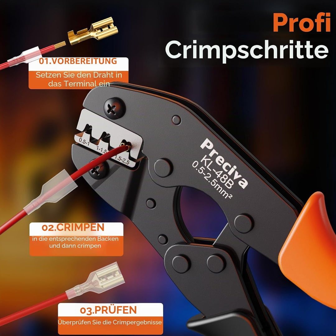 Preciva Crimpzange-Set mit 300 Flachsteckhülsen für 2,8-6,3 mm (0,5-2,5 mm² / AWG 22-14) – Ergonomis
