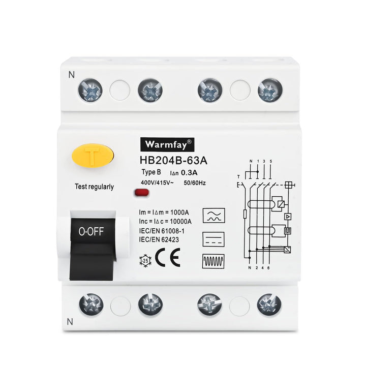 Warmfay FI Fehlerstromschutzschalter RCD Typ B 63A 300mA Allstromsensitiv 4-polig, 63A 300mA