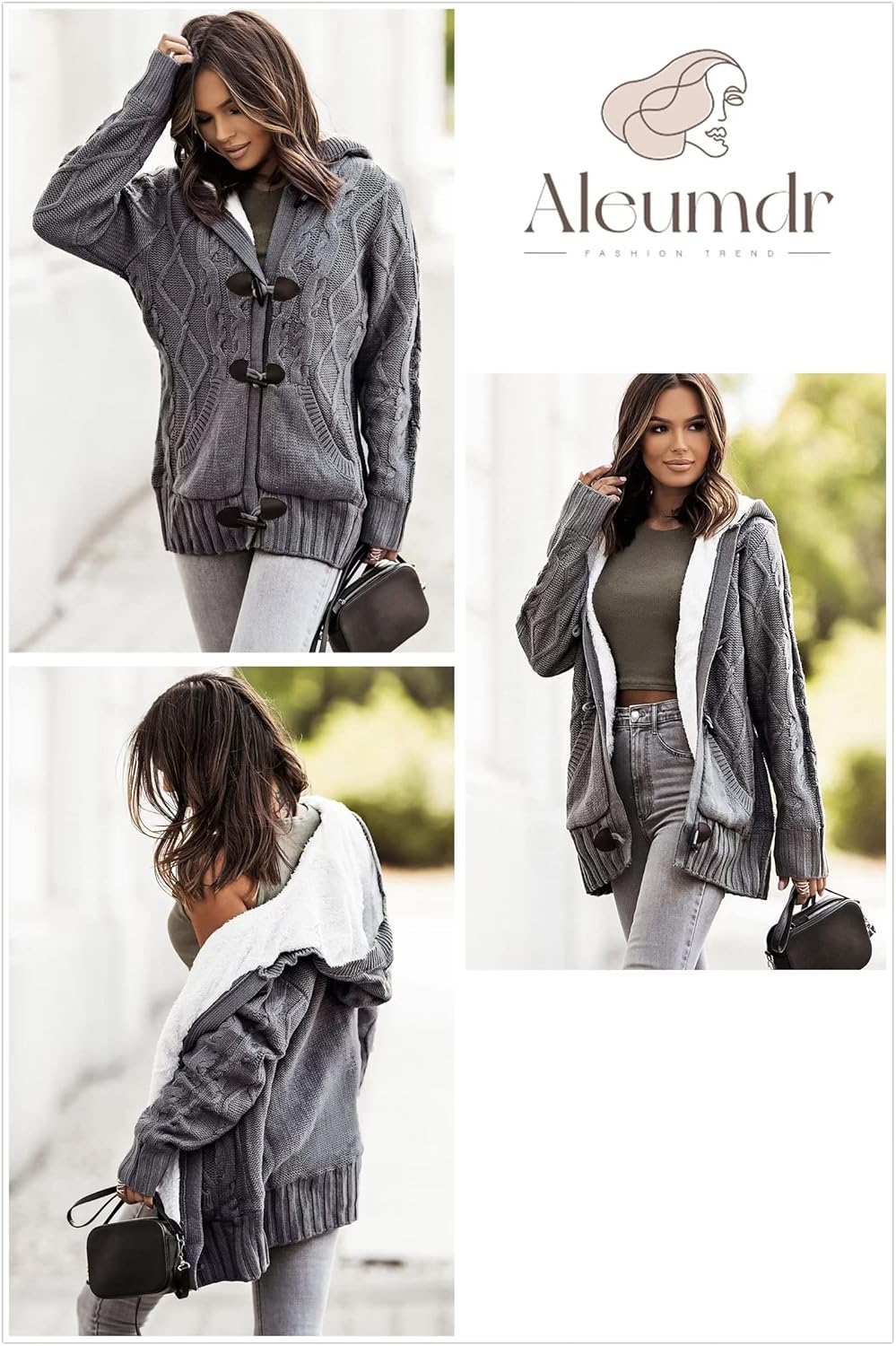Aleumdr Strickjacke Damen Grobstrick Cardigan Lang Winter Damen Grobstrickjacke Strickmantel mit Kap