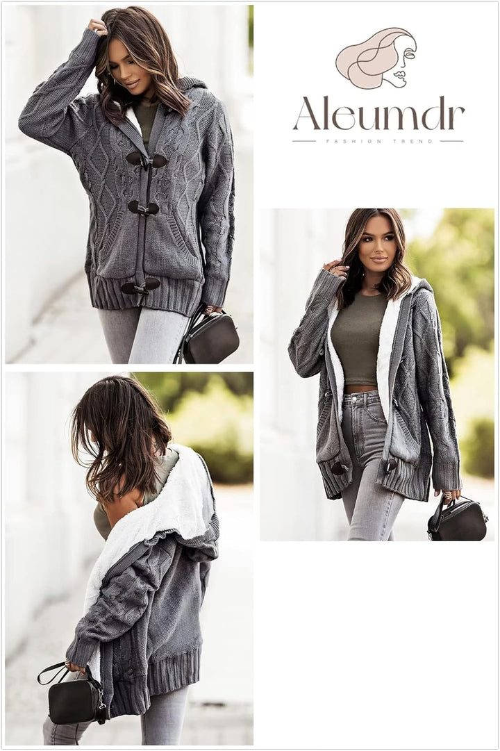 Aleumdr Strickjacke Damen Grobstrick Cardigan Lang Winter Damen Grobstrickjacke Strickmantel mit Kap
