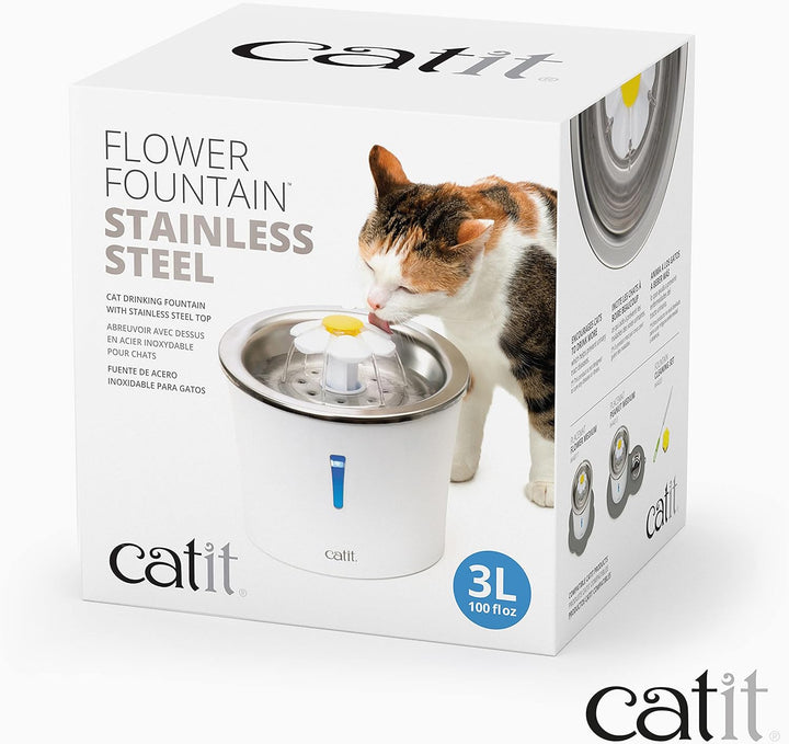 Catit 43725 Flower Fountain, Blumentrinkbrunnen mit Edelstahleinsatz, für Katzen, 3L, weiss/Edelstah