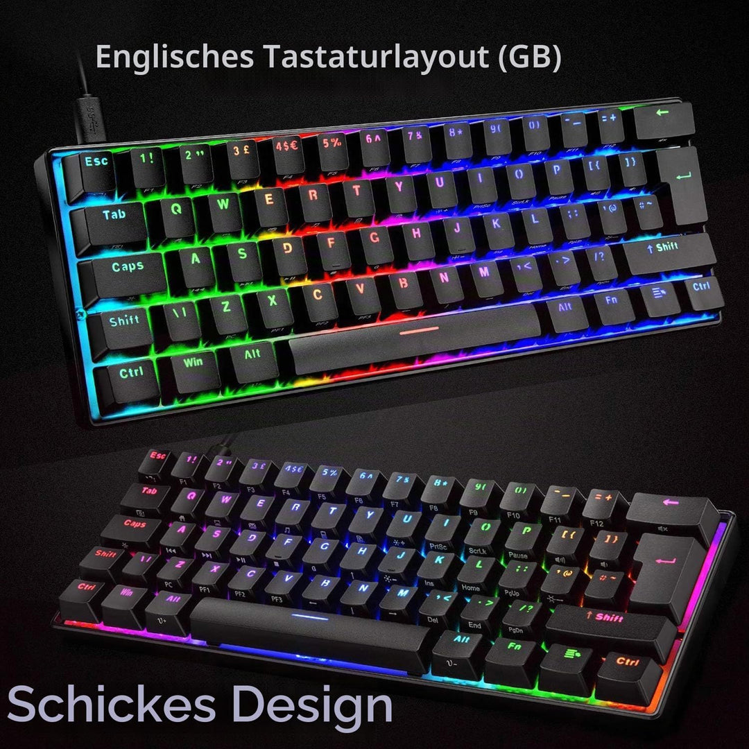 UK Layout 60% Mechanische Gaming-Tastatur Typ C verkabelt 61 Tasten LED-beleuchtete USB-wasserdichte