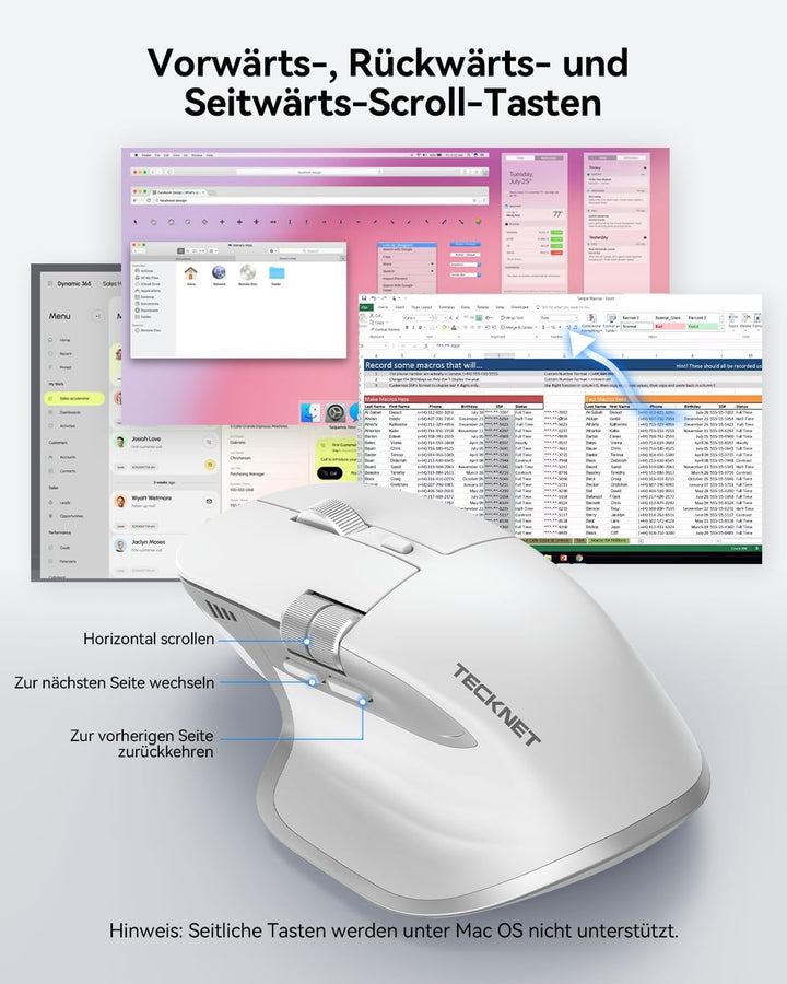 TECKNET Bluetooth kabellose Maus(BT 5.3/5.0+2,4G), Seitliches Mausrad, Wiederaufladbare Maus Ergonom