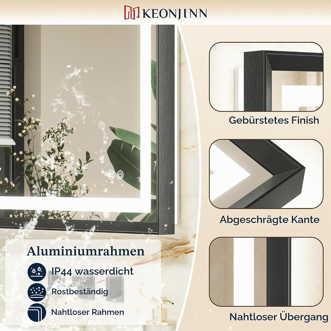 Keonjinn Badspiegel mit Beleuchtung Schwarz Metallrahmen 50x70cm, Badezimmerspiegel Beleuchtet Besch