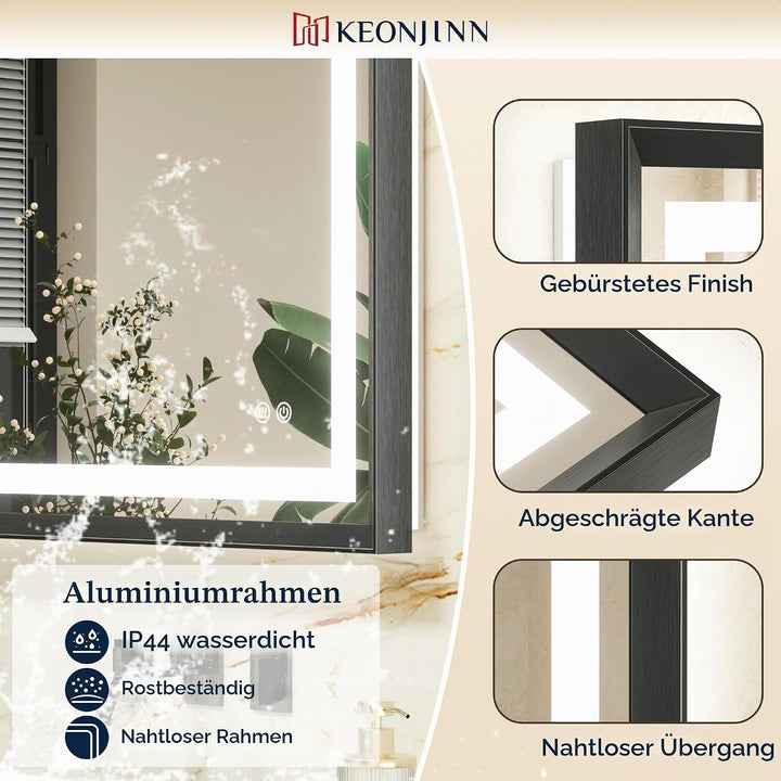 Keonjinn Badspiegel mit Beleuchtung Schwarz Metallrahmen 50x70cm, Badezimmerspiegel Beleuchtet Besch