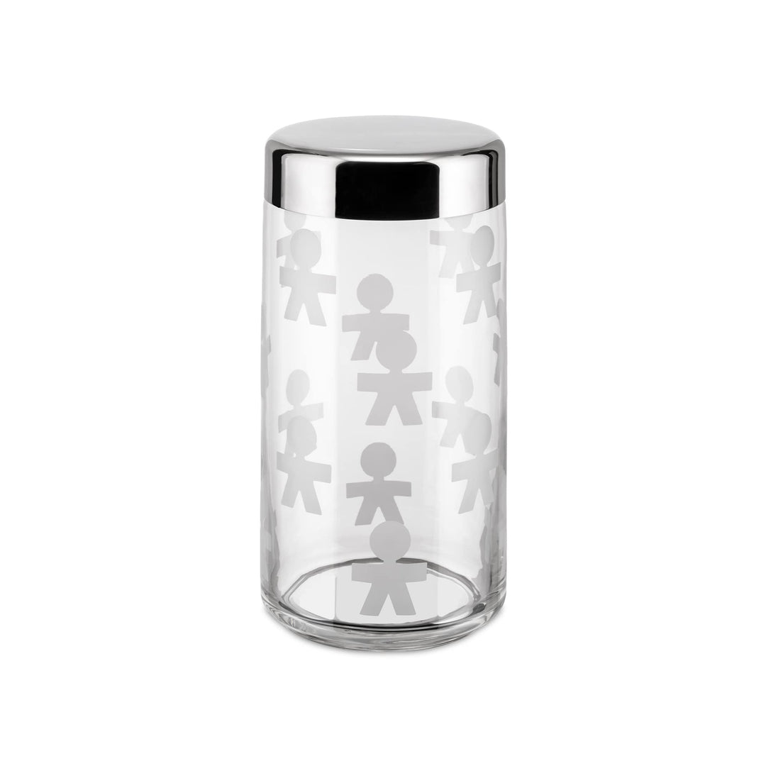 Alessi "GIROTONDO" Küchendose mit Aufdruck und abgedichtetem Deckel aus Edelstahl, B 21,6cm, H 10,5c