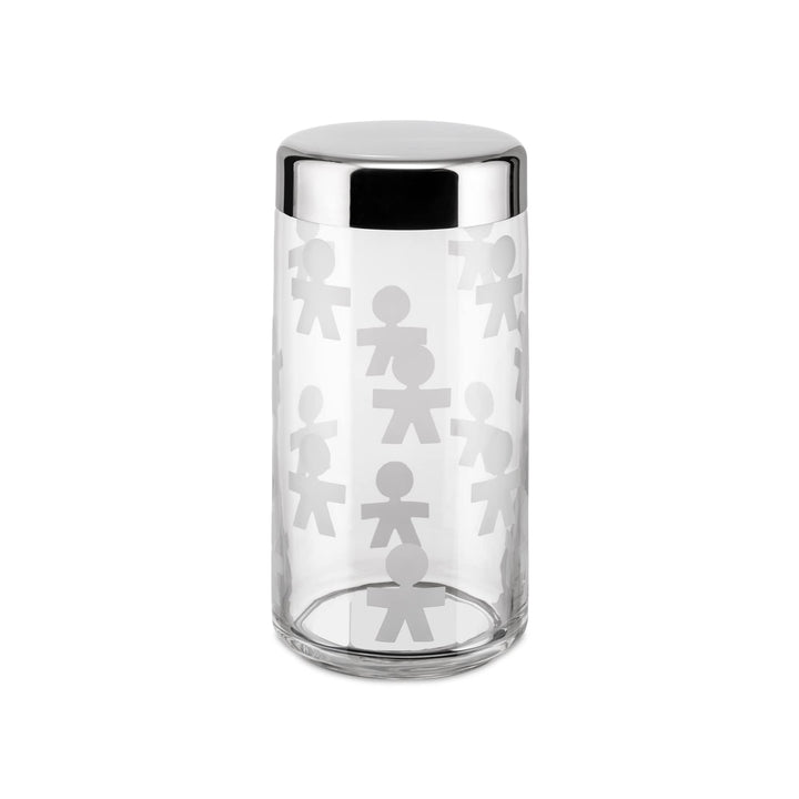Alessi "GIROTONDO" Küchendose mit Aufdruck und abgedichtetem Deckel aus Edelstahl, B 21,6cm, H 10,5c