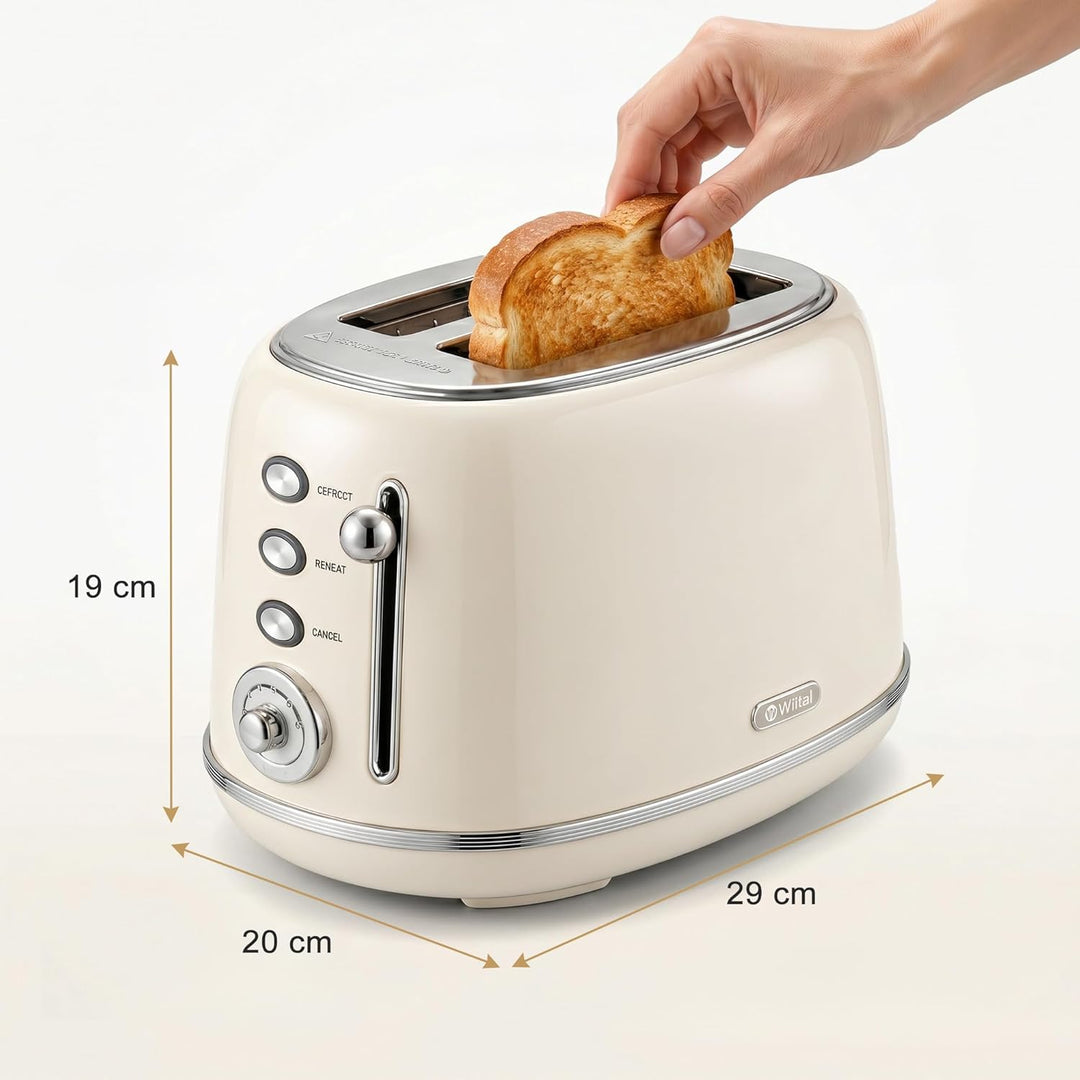 Retro Toaster 2 Scheiben Edelstahl – Brötchenaufsatz, 6 Röststufen, Vorheiz- und Auftaufunktion, Abs
