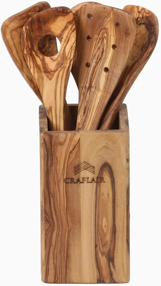 CRAFLAIR Olivenholz Löffel Besteck Kochlöffel Reislöffel Spatel Schöpfkelle Salatbesteck Salatlöffel